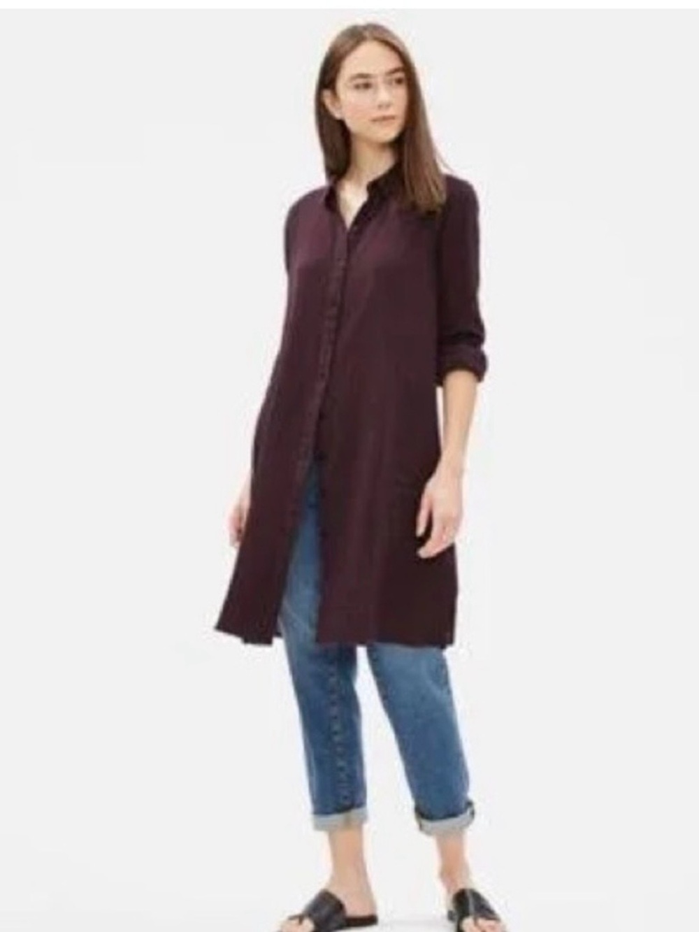 Eileen Fisher Long Button-Front Tunic Top in Mulberry great condition size LP